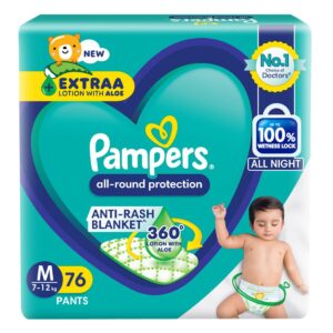 Pampers All Round Protection Pant Style Baby Diapers, Medium (M), 76 Count, 7-12kg, Anti Rash Blanket, Lotion with Aloe Vera Diapers