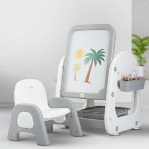 BAYBEE 3 in 1 Explo Kids Study Table for Students with Chair, 3 Height Adjustable Table & Storage | Desk & Chair Set for Kids at Home or School | Reading & Writing Study Table (Grey White)
