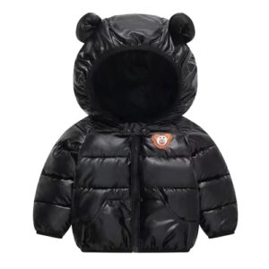 Blue Cartoon Lion Print Kids Shiny Sparkling Quilted Winter Warm Hood Jacket Coat Fleece Bomber Jersey Coat Quilted Jacket for Boys Girls Kids (Black, 12-18 Months)
