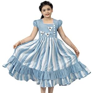 Fashion Dream Girls Stripe Ruffle Hem Dress(Blue_9-10 Year)