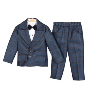 HIKUJ 3 Piece Polycotton Baby Boys Suit Set | Set of Shirt, Pants, Coat, and Bow for Kids | Ideal for Wedding, Birthday, Parties | Casual Boy Suit for Occasions | Boys Blazer Suit Clothing Set Blue