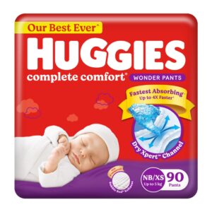 Huggies Complete Comfort Wonder Pants | Pant Style Baby Diapers New Born / XS Size, 90 Count | India's Fastest Absorbing Diaper, Patented Dry Xpert Channel, Ideal for 0-5 Kgs