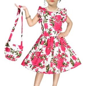 Laraib Fashion Kids Girls Floral Knee Length Short Frock Dress with Cap, Mask and Purse (Pink-White, 3-4 Years)