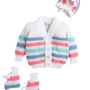 Little Angels Baby Sweater Set - 3 Pcs Woollen Full Sleeves V-Neck Textured Striped Sweater, Cap & Socks for Baby Girls 0 to 3 Months (White & Neon Pink)