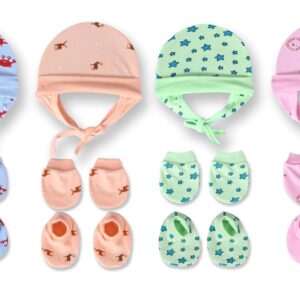 MOM'S DARLING, Pack of 4 pairs, Cap Mittens and Booties set for New born baby 0-6 months | New Born Baby Products all | Baby Gloves and Socks Set | Baby Shower Gift | Baby Products | Multicolor