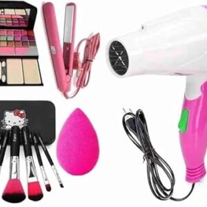 MY Brone TYA 6155 Multicolour Makeup Kit and 1 Kajal Pencil, 7 Black Makeup Brushes Set,1 Pink Beauty Blender, 1 Mini Hair Straightner with 1 Hair Dryer