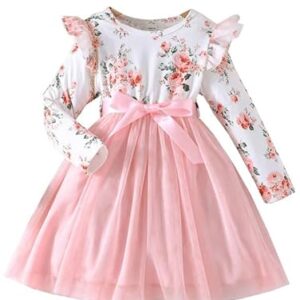 Niren Enterprise Girls Modal and net Fabric Full Sleeve Knee Length Frock (Peach COCHOA, 3-4Y)
