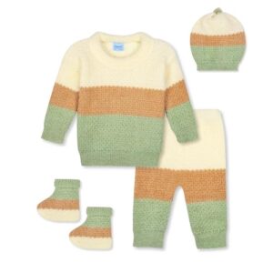Only 4 Baby Unisex New Born Baby Boys Girls Soft Comfortable Trendy Woolen Round Neck Stripe Sweater Set with Payjami, Cap and Pair of Booties for Toddlers Pista