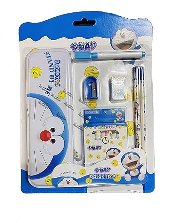 Prancing Unicorn Stylish Unicorn Pencils Stationary Kit Set Of 6 Pencils, 1 Pencil Box, 1 Eraser & 1 Sharpener- Pencil Box Set Space Theme For Kids, Boys and Girls, Gift Stationery Set (Doraemon)