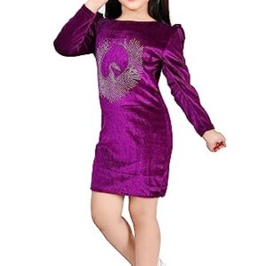 SPAMitude - Girls Velvet Full Sleeve Midi Above Knee Length Party Dress | Festive Party Dress for Girls| Knee Length Bodycon Dress | Full Sleeve Fancy Dress for Birthday Girl (7-8 Years, Purple)
