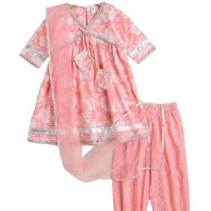 The Magic Wand Cotton Aliya Cut Kurti Pant Set for Kids Girls, Flora Print Frock Style Kurta Pant With Dupatta, 3/4 Sleeves Gota Lace Suit Salwar Ethnic Dress For Festival, Peach, 3-4 Year
