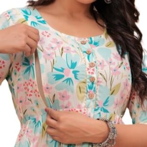 Anuom Women's Cotton Floral Printed Maternity Feeding Kurti with Zipper Maternity Gown for Women Feeding Dress (in, Alpha, XL, Regular, White)