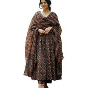ASSUME FAB Women Viscose Rayon Anarkali Maternity and Nursing Kurta Set with Dupatta - Brown Floral and Geometric Pattern, 3/4 Sleeves, Comfortable Fit