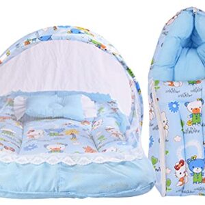 Babloo Baby Bed New Born Baby Bedding Set | Mosquito Net | Sleeping Bag | Mattress | Carry Bag | Essentials Combo | Cotton | Infants | Boys & Girls | Beds | Cot Mattresses (0-6 Months) Blue