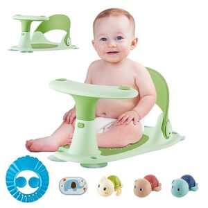 Baby Bath Seat [Original] – 3 Bath Toys + Shower Cap + Bath Brush + Thermometer – 4 Anti-Slip Suction Cups – Soft Silicone Cushion – Foldable Design – Ideal Gift for Infants 6-36 Months! (Green)
