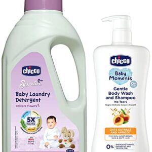 Chicco Baby Liquid Laundry Detergent, 5X Stain & Germ Fighter (1 L) & Chicco Baby Moments Gentle Body Wash and Shampoo (500ml)