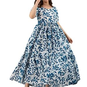 Dhruvi Women's Printed Cotton Anarkali Maternity Knee-Length Dress (Large) Blue