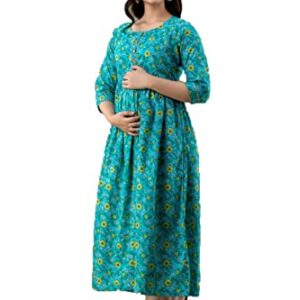 HRK VENOM Women's Pure Cotton Printed Maxi Maternity Gown/Maternity Wear/Feeding Gown A-Line Maternity Feeding Dress Maternity Kurti Gown For Women(Blue)_2XL