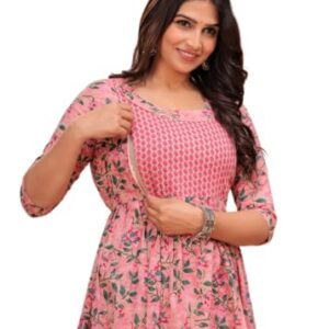 JAIPURFAME Stylish Women's Pure Cotton All Over Printed Kurti Gown, Maternity Dress, and Feeding Dress – Comfortable and Elegant Maternity Wear for Women