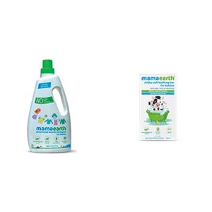 Mamaearth's Plant Based Baby Laundry Liquid Detergent, with Bio-Enzymes and Neem Extracts, 1L & Milky Soft Bathing Bar for Babies with Oats, Milk & Calendula – 75g x 2