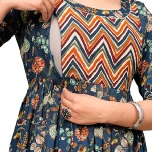 Women's Cotton Floral Printed Anarkali Maternity Feeding Kurti (XX-Large, Blue)
