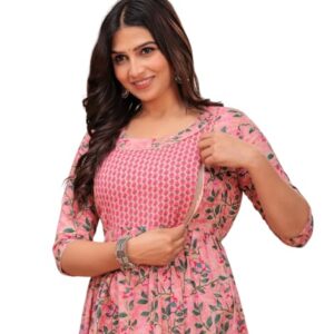 Women's Pure Cotton All Over Printed Maternity Feeding Kurti | Maternity Gown (Large, Baby Pink)