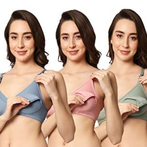 ZARED Women's Cotton Non-Padded Wire Free Nursing - Maternity Bra (Pack of 3) (38, Blue::Pink::Green)