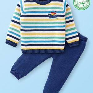 Buy Babyhug Organic Cotton Knit Full Sleeves Striped Sweater & Pajama Set With Cap Ship Embroidery - Multicolour for Both (3-6 Months) Online in India, Shop at FirstCry.com - 13789096