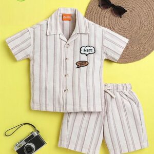 Buy Ministitch Organic Cotton Woven Half Sleeves Striped & Hey Text Patch Detailed Coordinating Shirt & Short Set - Cream for Boys (12-24 Months) Online in India, Shop at FirstCry.com - 21130667