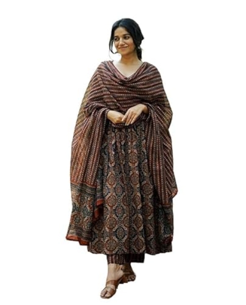 ASSUME FAB Women Viscose Rayon Anarkali Maternity and Nursing Kurta Set with Dupatta – Brown Floral and Geometric Pattern