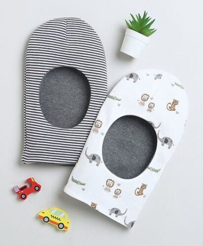 BUMZEE Interlock Knit Monkey Cap with Stripes & Animal Print White & Grey Pack Of 2 – Diameter 23.5 cm