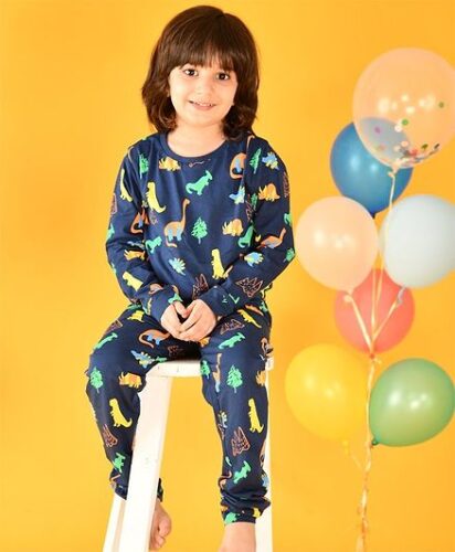 Anthrilo 100% Organic Cotton Full Sleeves Dinosaur Printed Night Suit – Navy Blue
