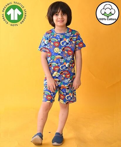 Anthrilo 100% Organic Cotton Knit Half Sleeves Doodle Art Printed Coordinating Night Suit Set – Blue