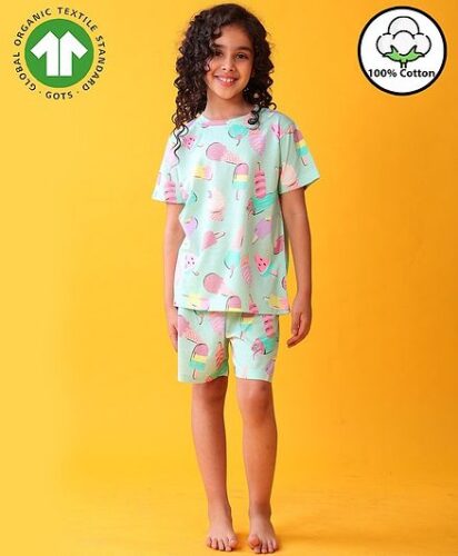 Anthrilo 100% Organic Cotton Knit Half Sleeves Ice Cream Printed Coordinating Night Suit Set – Aqua Blue