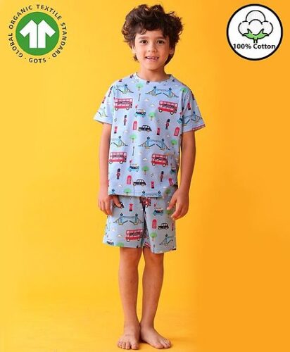 Anthrilo 100% Organic Cotton Knit Half Sleeves Vehicles Printed Coordinating Night Suit Set – Blue
