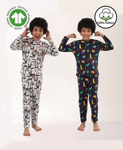Anthrilo 100% Organic Cotton Knit Pack Of 2 Full Sleeves Panda & Dinosaur Printed Coordinating Night Suit Sets – White & Navy Blue