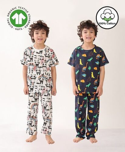 Anthrilo 100% Organic Cotton Knit Pack Of 2 Half Sleeves Panda & Dinosaur Printed Coordinating Night Suit Sets – White & Navy