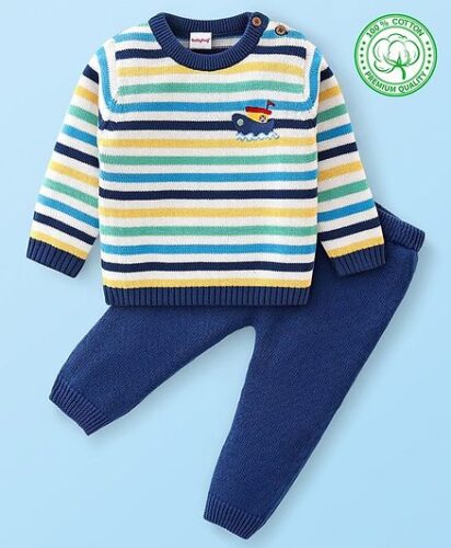 Babyhug Organic Cotton Knit Full Sleeves Striped Sweater & Pajama Set With Cap Ship Embroidery – Multicolour