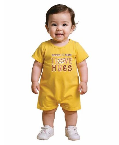 COCOON ORGANICS 100% Cotton Knit Half Sleeves I Love Hugs Text Printed Anti Microbial Romper – Yellow