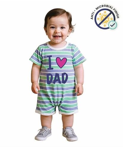 COCOON ORGANICS 100% Cotton Knit Half Sleeves Striped & I love Dad Printed Anit Microbial Romper – Green & Lilac