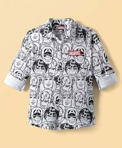 HoneyHap Disney Single Jersey Knit Full Sleeves Shirt with Avengers Print – White