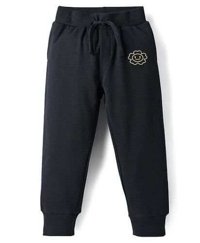 Mark & Mia Knit Full Length Fleece Lounge Pant with Sun Flower Embroidery – Black