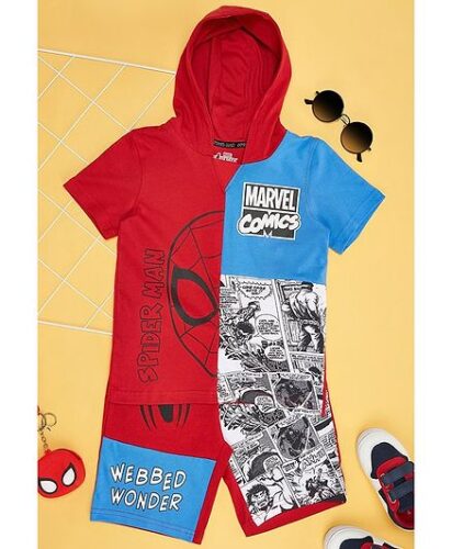 Pantaloons Junior Marvel Comics Featuring Cotton Half Sleeves Spider Man Printed Coordinating Hooded Tee & Shorts Set – Fiery Red