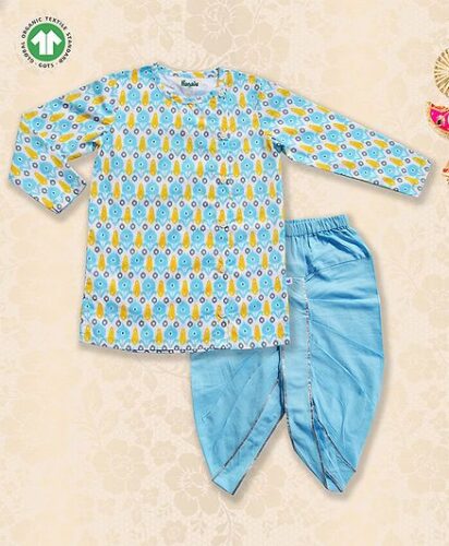 Pranava 100% Organic Cotton Floral Printed Kurta & Lace Embellished Dhoti Set – Light Blue