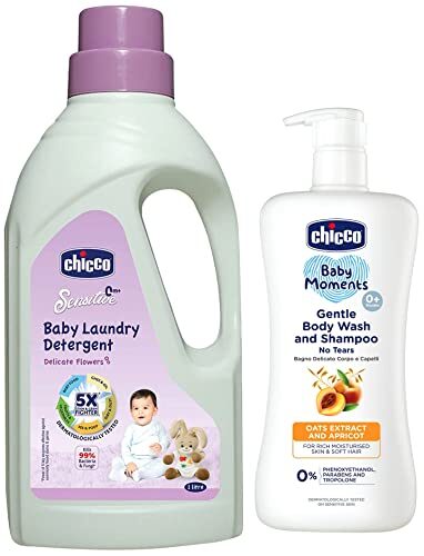 Chicco Baby Liquid Laundry Detergent, 5X Stain & Germ Fighter (1 L) & Chicco Baby Moments Gentle Body Wash and Shampoo (500ml)