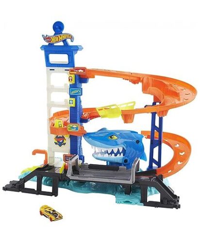 Hot Wheels Track Set and Die Cast Free Wheel 1:64 Scale Toy Car with City Shark Nemesis Challenge – Blue & Orange