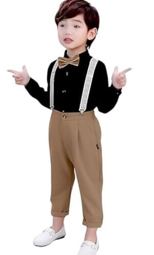 SAGAR IMPEX Boys Cotton Lycra Solid Full Sleeves Shirt and Pant Set with Suspender and Bow Tie | Clothing Set for Boys