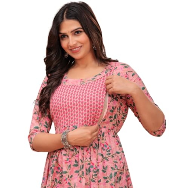 Women’s Pure Cotton All Over Printed Maternity Feeding Kurti | All Over Print Maternity Gown