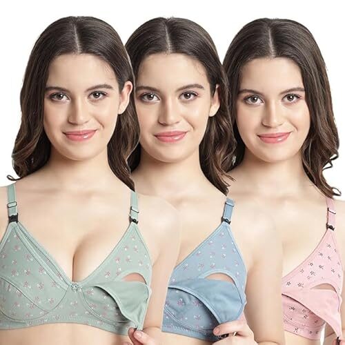 Zielen Women’s Cotton Feeding Bra/Maternity/Nursing Bra Non Padded Wire Free Printed Maternity Bra for Women Pack of 3